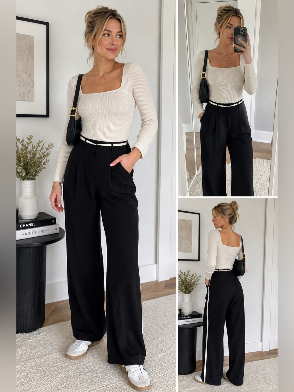 Black Wide Leg Trouser Pants White Side Stripe Size 4